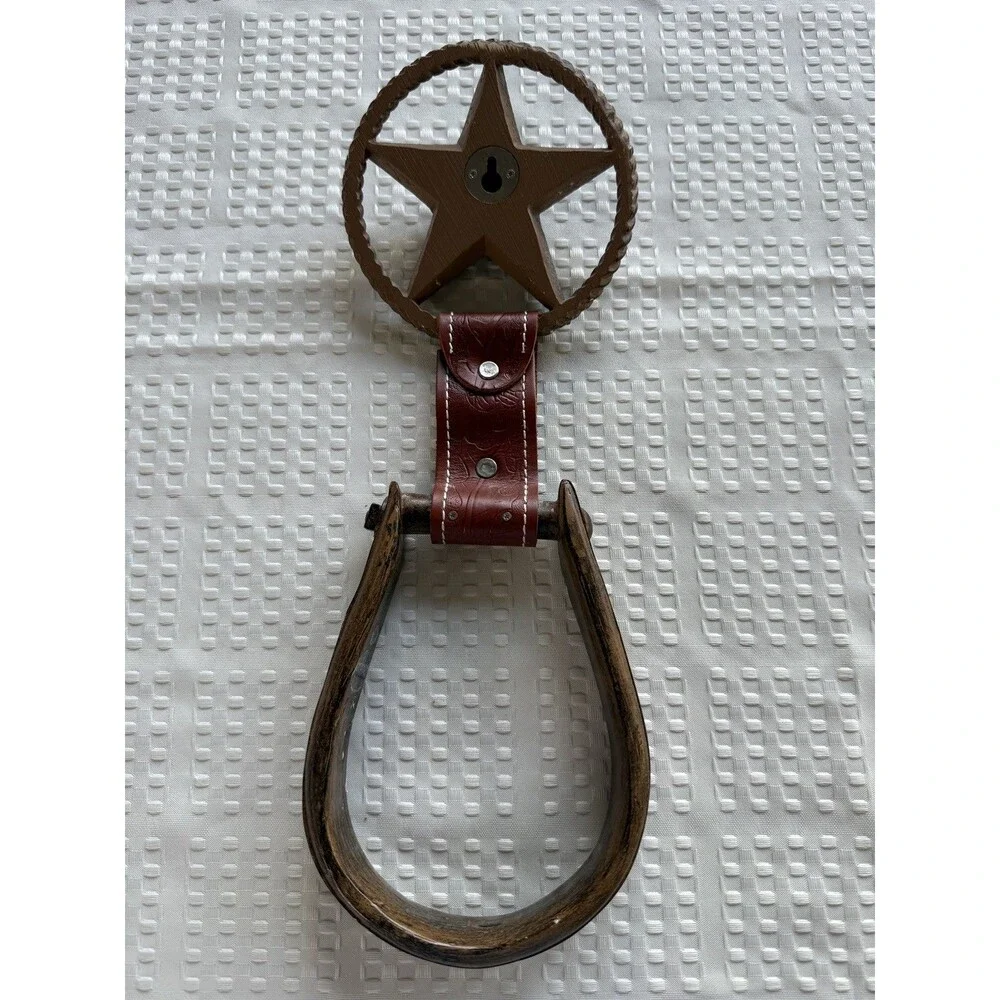 Montana Western Stirrup Towel Holder Rustic Leather Cast Iron Texas Star.